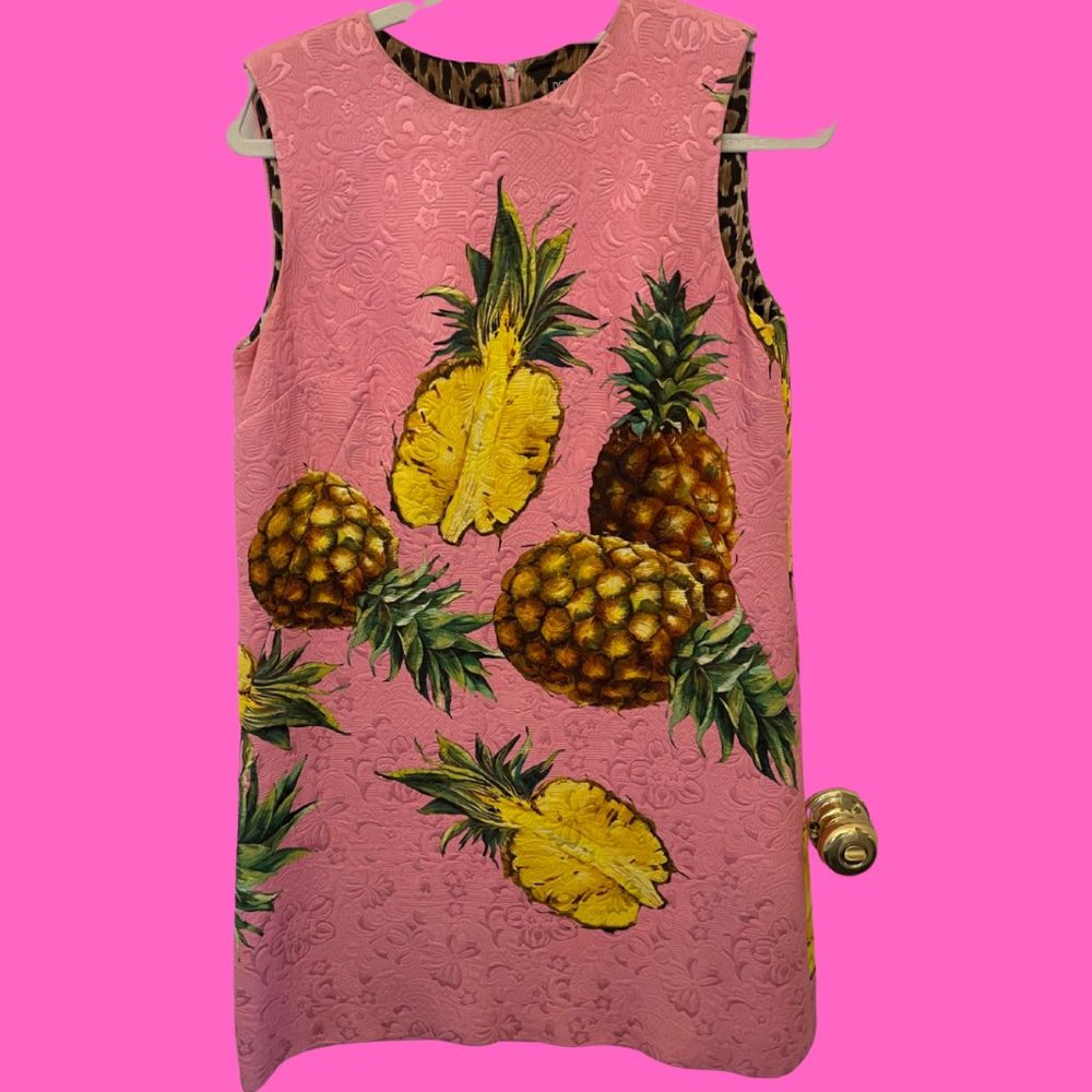 Dolce and Gabbana Pink Jacquard Pineapple Print Sleeveless Dress Large